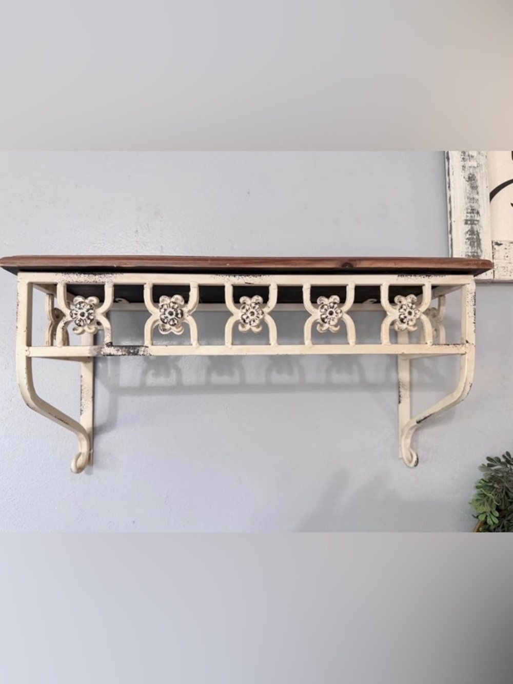 Vintage-Inspired Cream Floral Wood and Metal Wall Shelf